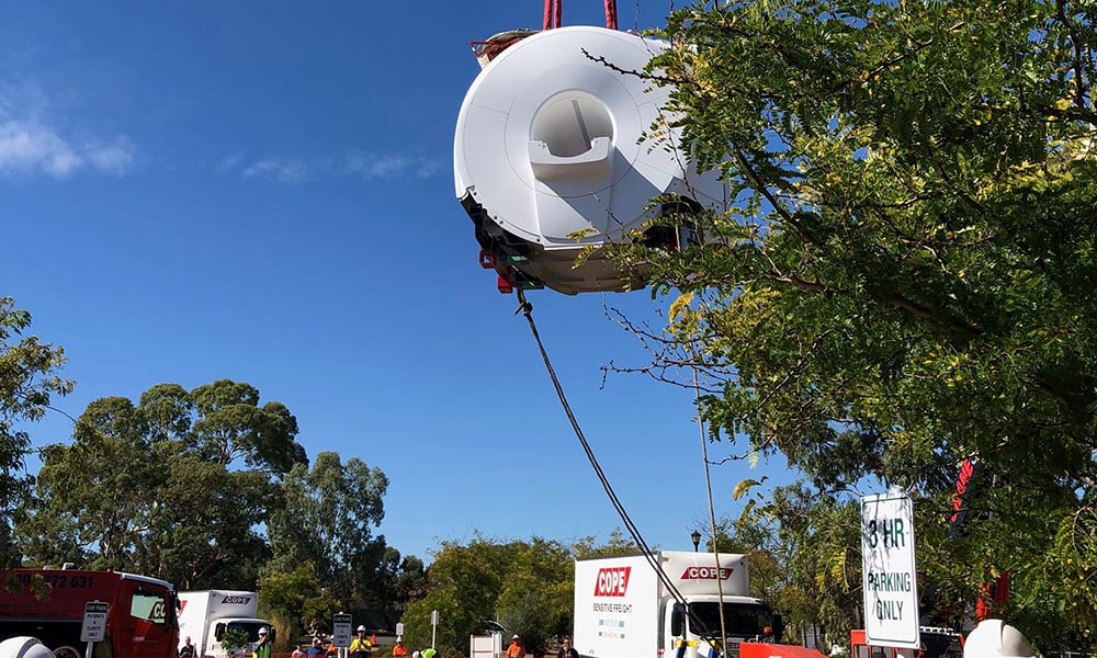 Jones Radiology new MRI machine being crane lifted at the Gawler clinic