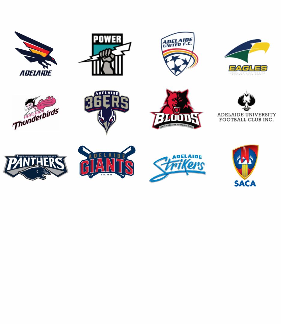 Image of sporting club logos sponsored by Jones Radiology, including the Adelaide Crows, Port Power, Adelaide United Football Club, Eagles, Bloods, Adelaide University Football Club, Panthers, Adelaide Thunderbirds, Adelaide 36ers