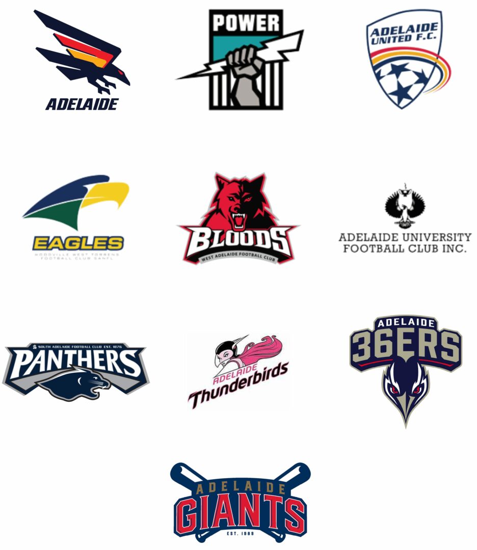 Image of sporting club logos sponsored by Jones Radiology, including the Adelaide Crows, Port Power, Adelaide United Football Club, Eagles, Bloods, Adelaide University Football Club, Panthers, Adelaide Thunderbirds, Adelaide 36ers