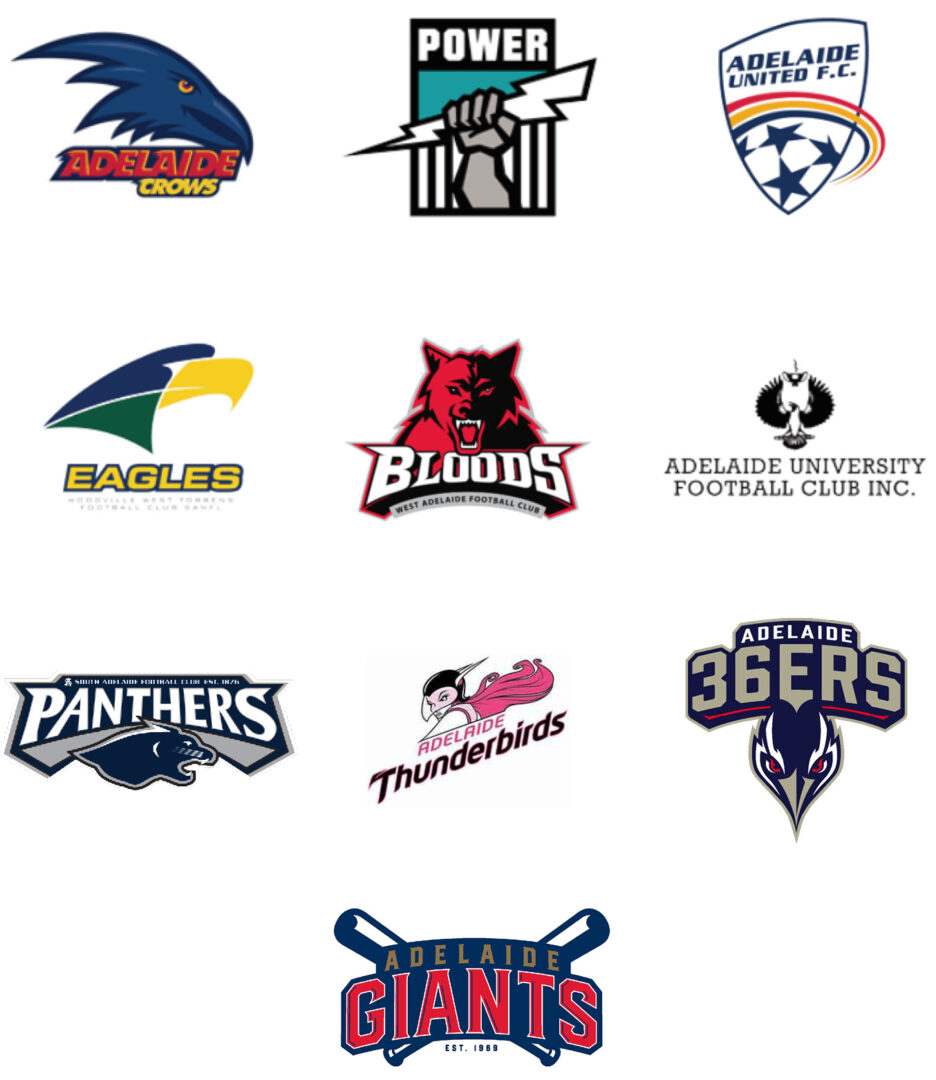 Image of sporting club logos sponsored by Jones Radiology, including the Adelaide Crows, Port Power, Adelaide United Football Club, Eagles, Bloods, Adelaide University Football Club, Panthers, Adelaide Thunderbirds, Adelaide 36ers